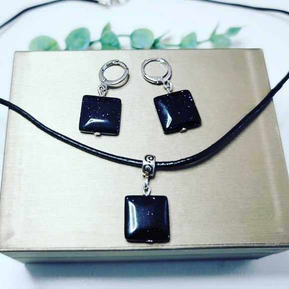 Blue Goldstone Earrings and Pendant on a cord - Picture 2 of 2